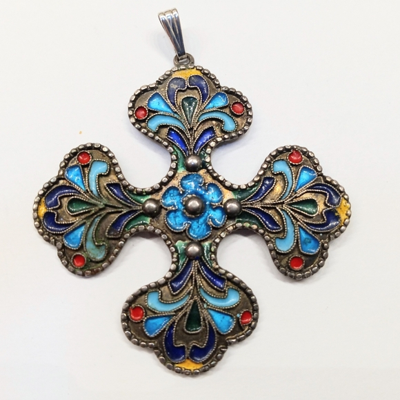 Jewelry - Art Deco 100% Pure Silver Enameled Cross Pendant Marked 1000